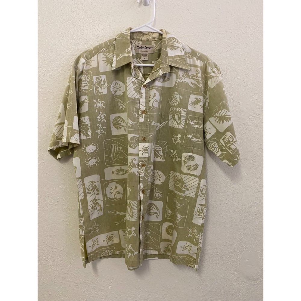 vintage cooke street hawaii green seashell 100% cotton button up shirt size M